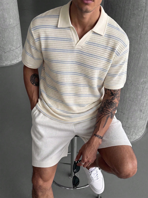 SLATEMANN Men's Blue And White Stripe Knitted Half-Zip Mesh Textured Short Sleeve Polo Shirt,Casual Summer Vacation Holiday Knit Crochet Shirt,Vintage Old Money